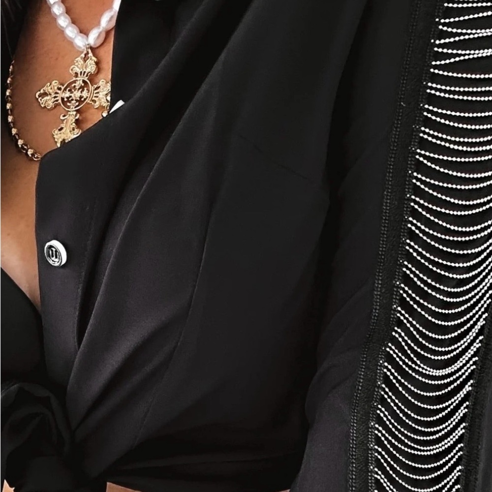 Chic Black Button-Down Blouse with Embroidered Sl… - image 2